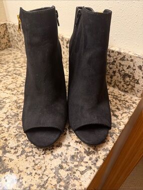 Material Girl Black Suede Peep-Toe Ankle Boots